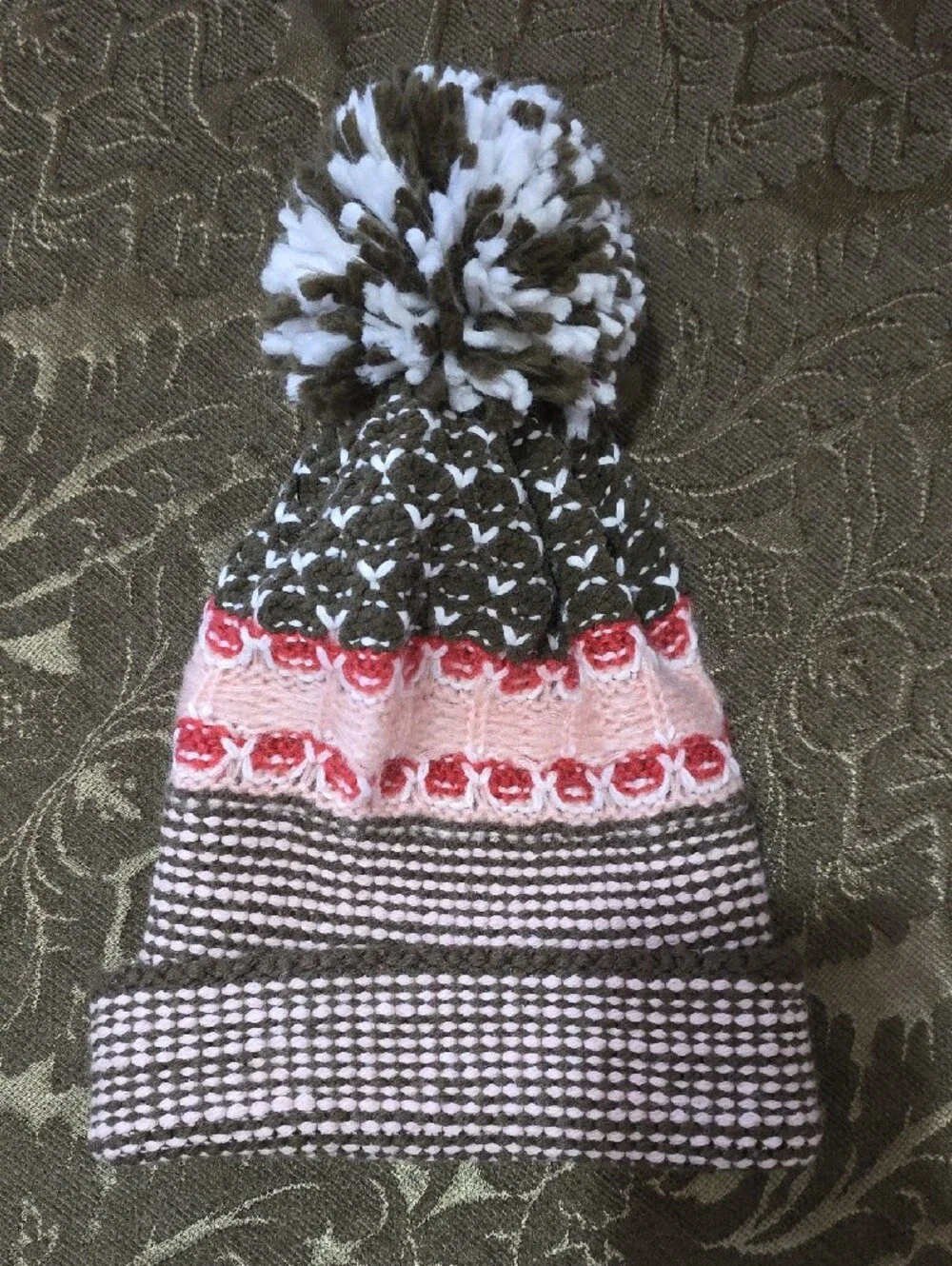 Striped Pom-Pom Knit Beanie in Pink & Brown